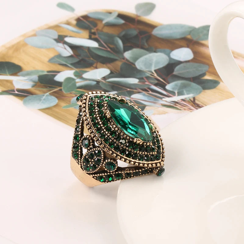 Luxury Antique Ring For Women Vintage Look AAA Green Crystal Boho Jewelry Gold Color Charm Ethnic Wedding Ring