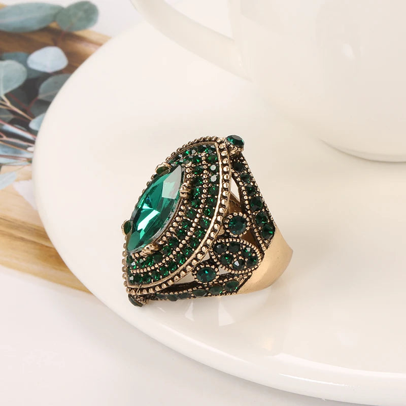 Luxury Antique Ring For Women Vintage Look AAA Green Crystal Boho Jewelry Gold Color Charm Ethnic Wedding Ring