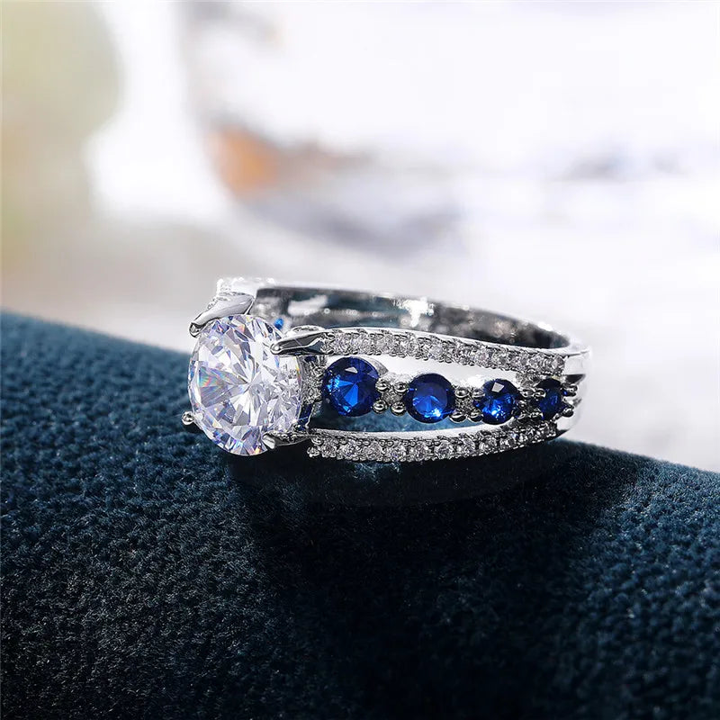 Special-interest Wedding Rings Women Blue/White Round CZ Novel Designed Female Party Ring Temperament Gift Trendy Jewelry
