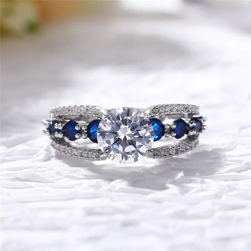 Special-interest Wedding Rings Women Blue/White Round CZ Novel Designed Female Party Ring Temperament Gift Trendy Jewelry