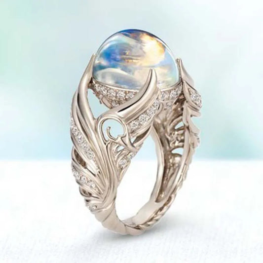 Sale 80% Vintage Angel Wings Moonstone Ring Female Luxury Wedding Round Crystal Ring for Women For Girl Costume Jewelry Gift Accessoires