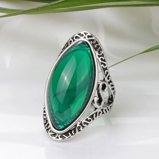 Ring Boho Green Big Oval Finger Rings For Women Vintage Antique Tibetan Silver Female Statement Beach Holiday Jewlery Gifts