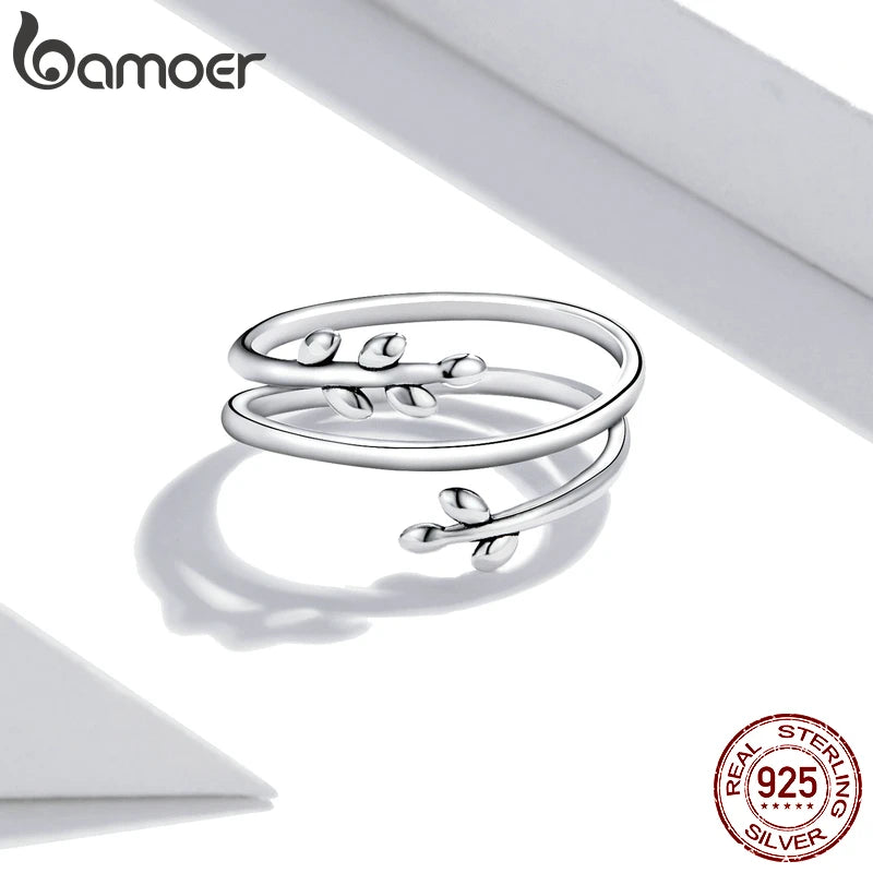 Bamoer 925 Sterling Silver Leaves Adjustable Ring Trendy Multilayer Leaf Open Ring for Women Fashion Jewelry Gift 2 Colors