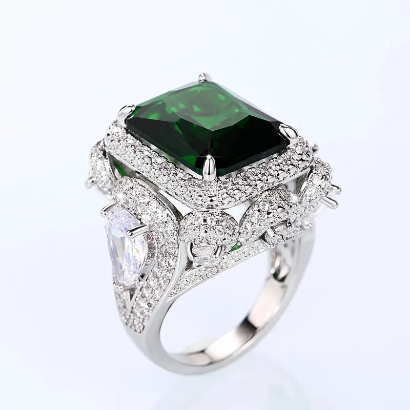 Hyperbole Square Green Cubic Zirconia Rings Women Wedding Anniversary Party Gorgeous Lady's Special-interested Jewelry