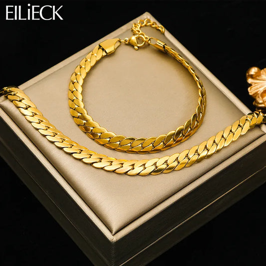 EILIECK 316L Gold Flat Wide Chain Necklace Bracelet For Women Girl Fashion Non-fading Jewelry Set Gift