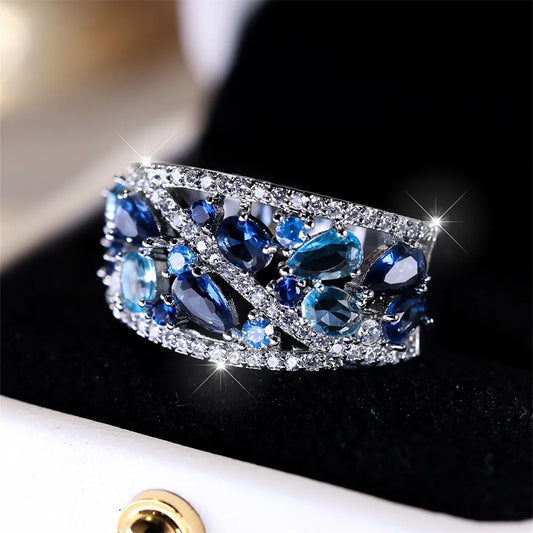 Royal Blue Crystal Water Drop Stone Ring Simulated Aquamarine Engagement Rings For Women Vintage Silver Color Wedding Party Band