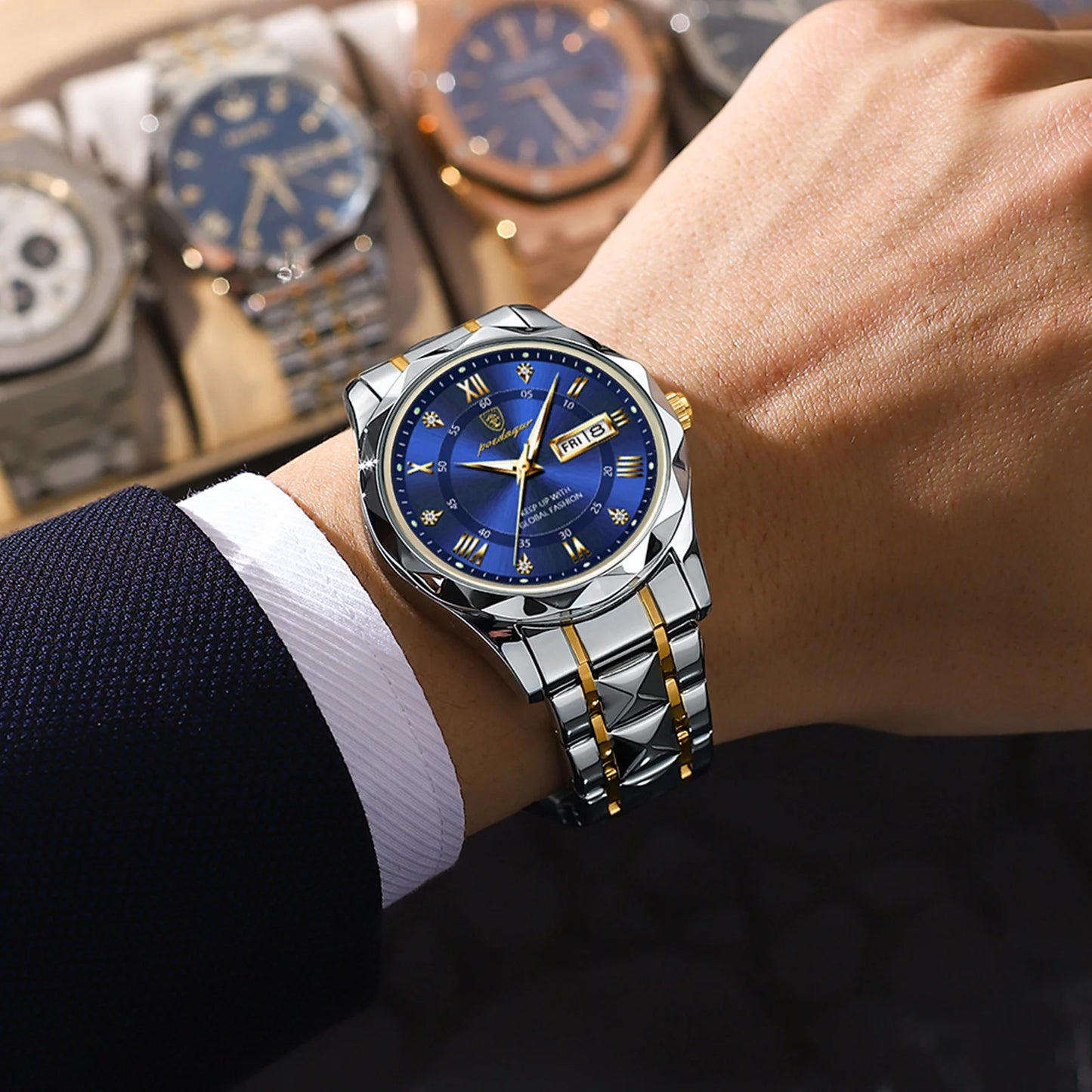POEDAGAR Top Brand Luxury Man Wristwatch Waterproof Luminous Date Week Men Watches Stainless Steel Quartz Men's Watch Male reloj