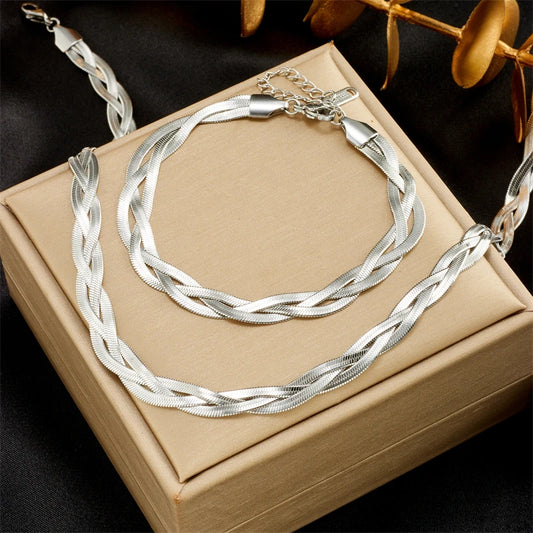 Crossover Chain Necklace Bracelets For Women Girl 3in1 New Fashion Waterproof Jewelry Snake Set 316L
