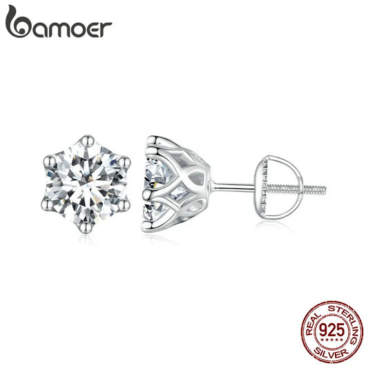 BAMOER Moissanite Stud Earrings, D Color Brilliant Round Cut Lab Created Diamond 925 Silver Earrings Gold Plated for Women