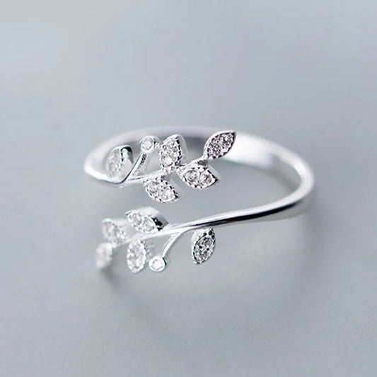 Trendy Shiny Crystal Leaf Ring Minimalist Retro Silver Color Adjustable Opening Rings For Women Party Wedding Jewelry Anillos
