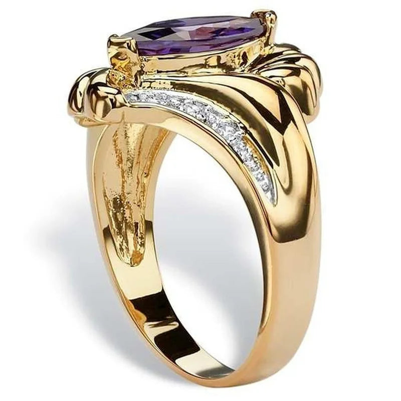 Fashion Gold Color Amethyst Flower Rings for Women Bride Wedding Engagement Ring Birthday Party Anniversary Gift Jewelry