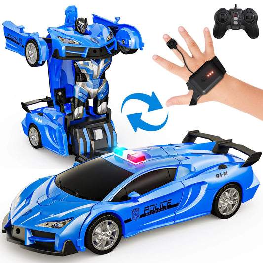 Sinovan Remote Control Police Car Toy Gesture Sensing with LED Light 2.4GHz One Button Transformation Robot RC Cars for Kids