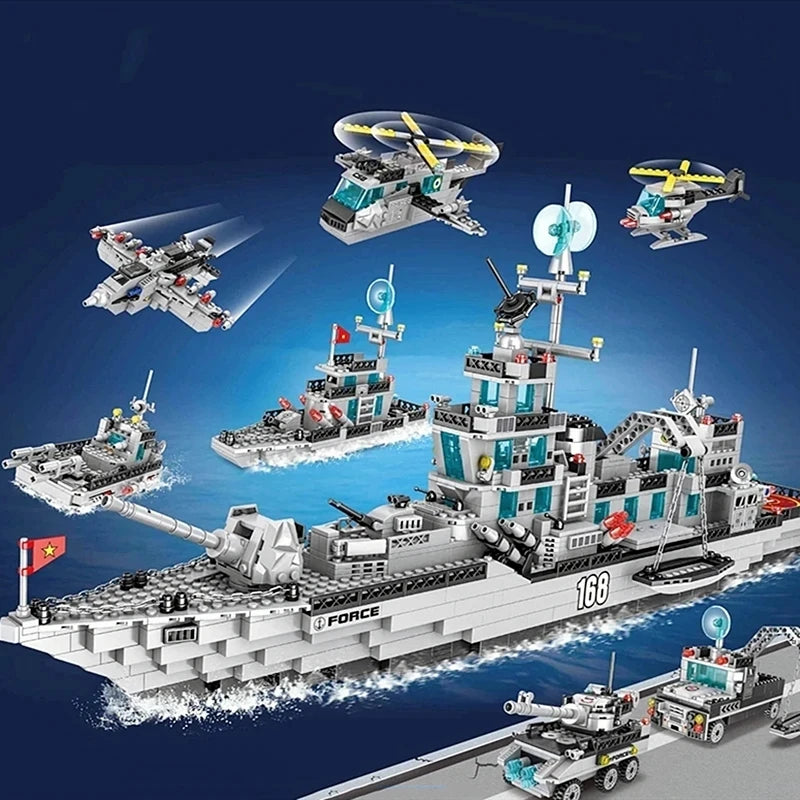 Navy War Chariot Ship Army Boat Plane Model Warships Building Blocks Construction Set for Boys Bricks Toys Christmas Gifts